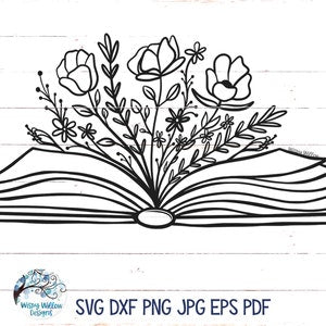 Floral book SVG design with open book and black line-art flowers growing from pages