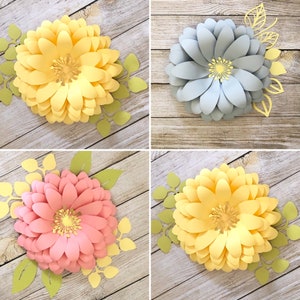 DIY paper flower template, printable designs with yellow, light gray-blue, and pink flowers