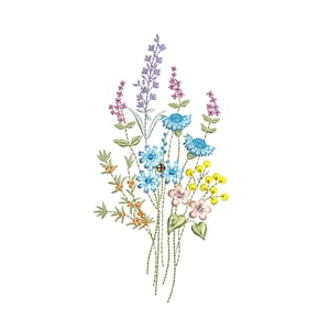 Blue wildflower embroidery design with herbs and Easter blooms, hand drawn style