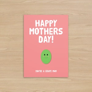 Pink Mother's Day card with smiling grape face and text 'HAPPY MOTHERS DAY!'