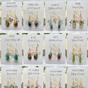 Birth month pressed-flower leaf dangle earrings, resin pendants with colorful stones