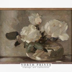 Vintage rose flower still life print with white blooms and dark leaves in a vase