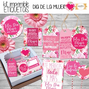 Women’s Day printable flower gift tag set with heart icons and hanging strings