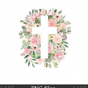 Floral cross PNG with pink roses, pastel flowers, and green leaves