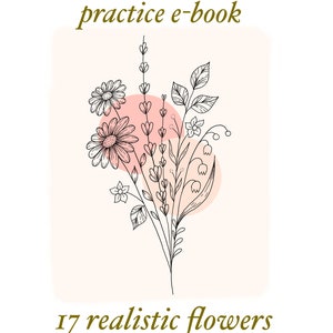 Printable flower drawing worksheet cover with 17 realistic floral sketches, shading-style