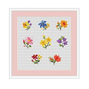 Mini bouquet cross stitch pattern with colorful flower designs on a counted fabric grid