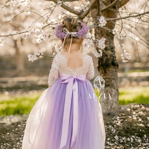 Lilac flower girl dress with lace bodice and ribbon bow tulle skirt
