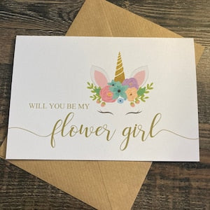Flower girl card with envelope, unicorn floral design and 'Will you be my flower girl' text.