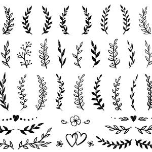 Laurel and olive leaf branch SVG vector designs, black line-art silhouettes
