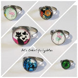 Adjustable stainless steel ring with colorful animal and flower glass insert