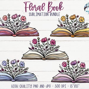 Floral book sublimation bundle, open books with pink and blue flowers artwork