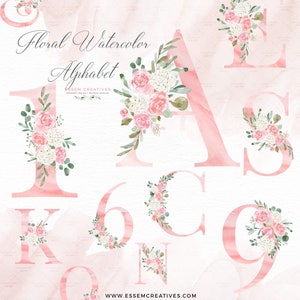 Pink watercolor alphabet clipart with floral bouquets on light pink letters