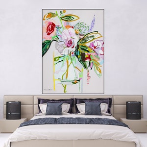 Abstract floral canvas wall art with pink roses, green leaves, and vase-like stems, framed