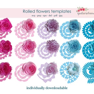 Rolled flower template set with pink, purple, and blue paper flower designs.
