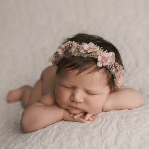 Newborn rose gold glitter leaf flower crown tieback headband on baby