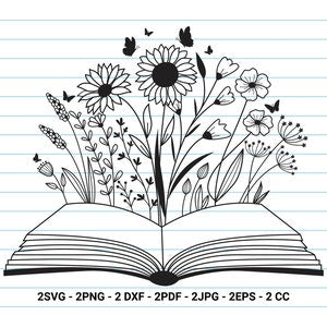 Open book with wildflower bouquet line art, black outline flower SVG cut file design