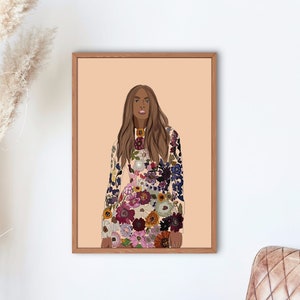 Framed wall art print: woman portrait in patterned floral dress, boho flowers
