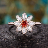 Round orange sapphire engagement ring rose gold marquise moissanite flower rings vintage unique art deco daisy anniversary promise ring