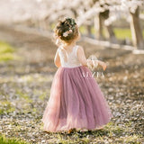 Mauve, Purple Mauve Tulle Lace Top Scalloped Edges Back Party Flower Girl Dress