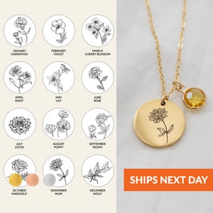 Personalized Birthstone Necklace Birthflower Pendant Birth Flower Charm Mom Birthday Unique Holiday Gift for Her Birth Month Handmade Gift
