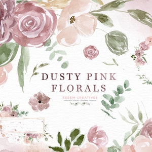 Watercolor dusty pink florals clipart with peonies, roses and leaves
