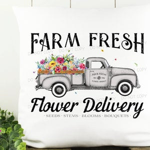 Farm fresh flower delivery truck sublimation printable design with colorful flowers and text