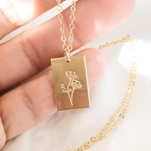 Gold-filled rectangle birth flower necklace with engraved floral design pendant