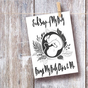 Birth affirmation printable card with baby illustration and leaf border, black script text