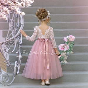 Mauve tulle flower girl dress with lace bodice and satin bow, back view
