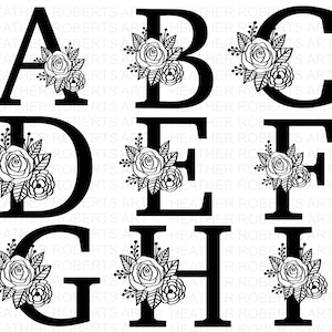 Floral alphabet letter SVG cutouts with rose rosettes on dark letter shapes