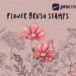 Floral brush and stamp set for Procreate, pink and gray flower designs