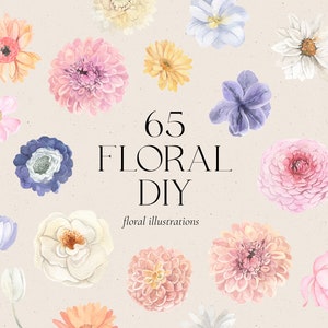 Pastel watercolor floral clipart with pink & purple flowers, butterflies, and 65 FLORAL DIY text