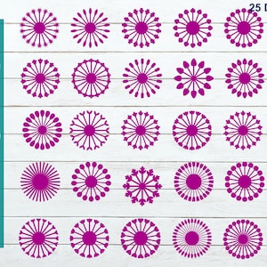 Paper flower center SVG bundle, 25 purple circular design templates on sheet