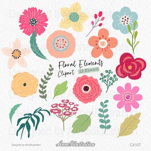 Vintage floral clipart set with pink, coral, cream flowers and green leaves