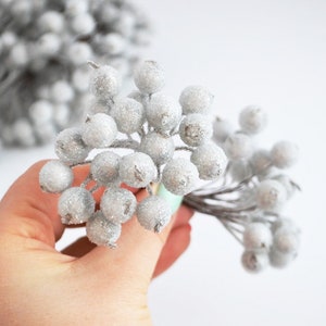Silver frosted beaded berry cluster on wire stems for craft decor
