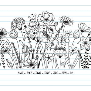 Hand-drawn wildflower line art set with black botanical blooms and stems