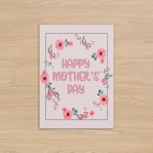 Happy Mother's Day greeting card with pink floral border and text, flat front.