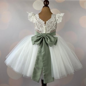 Sage flower girl dress with white lace bodice and green tulle skirt bow
