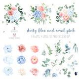 Dusty blue, blush pink and coral rose, white hydrangea, peachy ranunculus, anemone flowers, sage green EPS, JPEG+PNG clipart collection