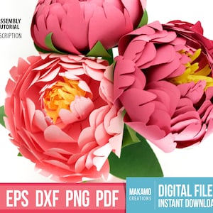 Pink 3D paper peony bouquet with layered petals and green leaves, handmade look