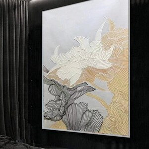 Abstract floral wall art print with raised white and beige flower details on canvas