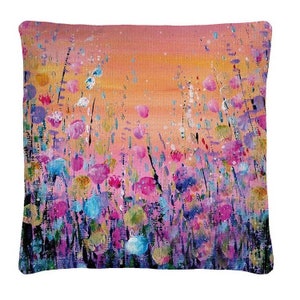 Square cushion cover with bright orange floral abstract pattern, multicolor flowers