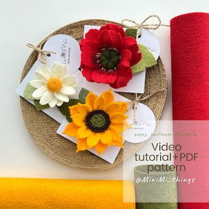 Felt flower pattern set with sunflower, poppy, chamomile designs on paper tags