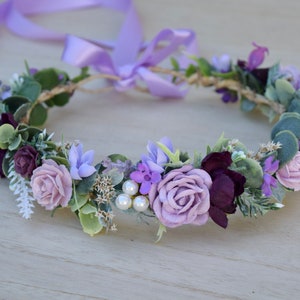 Lavender and eggplant flower crown with roses, pearls, and greenery ribbon tie