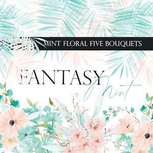 Watercolor floral bouquet clipart with mint and pink flowers, soft petals