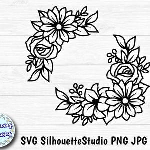 Floral SVG cut file with rose and flower outlines, leaf accents, decorative border set