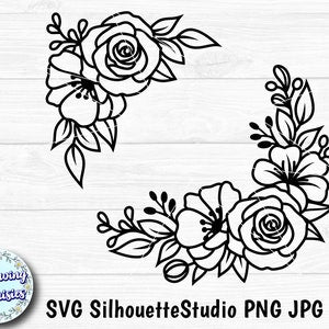 Floral SVG paper-cut template with corner bouquet and rose line-art border