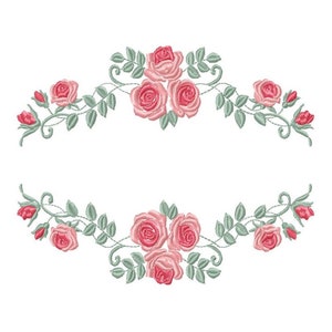 Rose embroidery design set with pink roses, green leaves, and rosebuds for towels