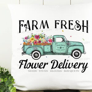 Mint flower delivery truck graphic with Farm Fresh and Flower Delivery lettering