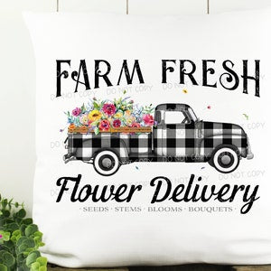 Plaid farm fresh flower delivery truck printable design with flowers and bold lettering